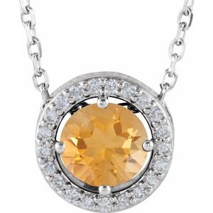 14K White Natural Citrine & .05 CTW Natural Diamond Halo-Style 16" Necklace