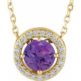 14K Yellow Natural Amethyst & .05 CTW Natural Diamond Halo-Style 16" Necklace