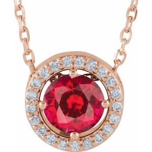 14K Rose Lab-Grown Ruby & .05 CTW Natural Diamond Halo-Style 16" Necklace