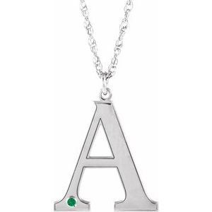 Rhodium-Plated Sterling Silver Engravable Imitation Emerald Initial A 18" Necklace