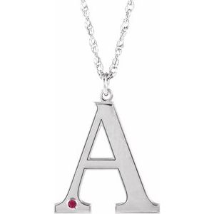 Rhodium-Plated Sterling Silver Engravable Imitation Ruby Initial A 18" Necklace