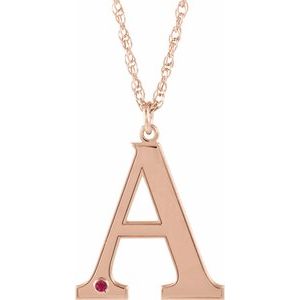 14K Rose Engravable Imitation Ruby Initial A 18" Necklace