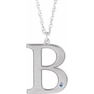 Rhodium-Plated Sterling Silver Engravable Imitation Aquamarine Initial B 18" Necklace