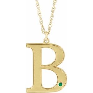 14K Yellow Gold-Plated Sterling Silver Engravable Imitation Emerald Initial B 18" Necklace