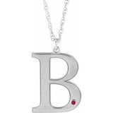 14K White Engravable Imitation Ruby Initial B 18" Necklace