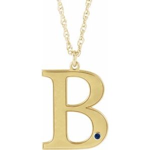 10K Yellow Engravable Imitation Blue Sapphire Initial B 18" Necklace