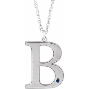 14K White Engravable Imitation Blue Sapphire Initial B 18" Necklace