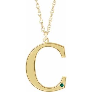 10K Yellow Engravable Imitation Emerald Initial C 18" Necklace
