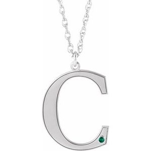 Rhodium-Plated Sterling Silver Engravable Imitation Emerald Initial C 18" Necklace