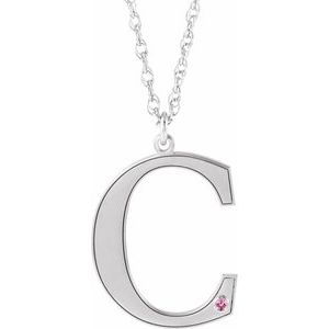 14K White Engravable Imitation Pink Tourmaline Initial C 18" Necklace
