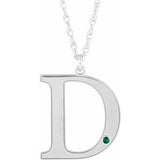 Rhodium-Plated Sterling Silver Engravable Imitation Emerald Initial D 18" Necklace