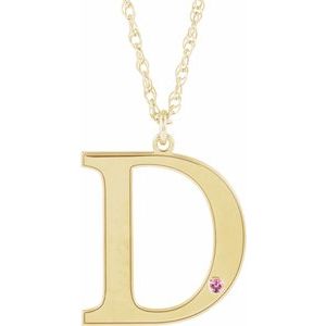 10K Yellow Engravable Imitation Pink Tourmaline Initial D 18" Necklace