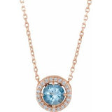 14K Rose Natural Aquamarine & .05 CTW Natural Diamond Halo-Style 16" Necklace