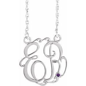 Rhodium-Plated Sterling Silver 20 mm 2-Initials Imitation Amethyst Script Monogram 18" Necklace
