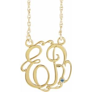 14K Yellow Gold-Plated Sterling Silver 20 mm 2-Initials Imitation Aquamarine Script Monogram 18" Necklace