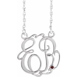 14K White 20 mm 2-Initials Imitation Mozambique Garnet Script Monogram 18" Necklace