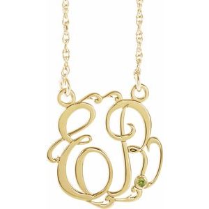 14K Yellow Gold-Plated Sterling Silver 20 mm 2-Initials Imitation Peridot Script Monogram 18" Necklace