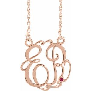 14K Rose 20 mm 2-Initials Imitation Ruby Script Monogram 18" Necklace