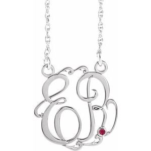 Rhodium-Plated Sterling Silver 20 mm 2-Initials Imitation Ruby Script Monogram 18" Necklace