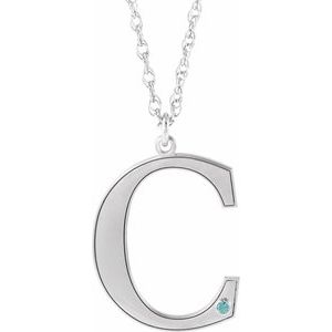 10K White Engravable Imitation Blue Zircon Initial C 18" Necklace