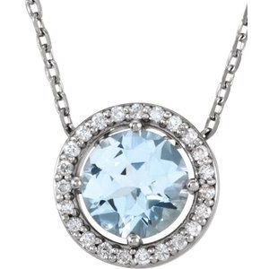 Sterling Silver Natural Aquamarine & .05 CTW Natural Diamond Halo-Style 16" Necklace