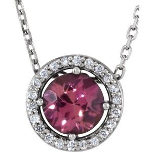 Sterling Silver Imitation Pink Tourmaline & .05 CTW Natural Diamond Halo-Style 16" Necklace