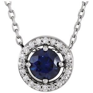 14K White Lab-Grown Blue Sapphire & .05 CTW Natural Diamond Halo-Style 16" Necklace