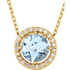 14K Yellow Natural Aquamarine & .05 CTW Natural Diamond Halo-Style 16" Necklace