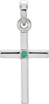 14K White Gold Natural Emerald Cross Pendant