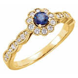 14K Yellow Round Natural Blue Sapphire 1/4 CTW Natural Diamond Halo-Style Ring