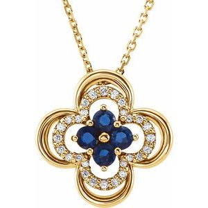 14K Yellow Natural Blue Sapphire & 1/10 CTW Natural Diamond Clover 18" Necklace