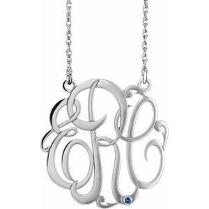 10K White 25 mm 3-Initials Imitation Blue Sapphire Script Monogram 18" Necklace