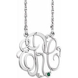Rhodium-Plated Sterling Silver 30 mm 3-Initials Imitation Emerald Script Monogram 18" Necklace