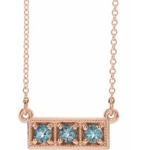 14K Rose Natural Aquamarine Three-Stone Bar 16-18" Necklace