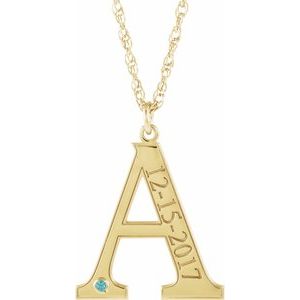 14K Yellow Gold-Plated Sterling Silver Engravable Imitation Blue Zircon Initial A 18" Necklace