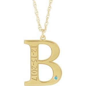 14K Yellow Gold-Plated Sterling Silver Engravable Imitation Blue Zircon Initial B 18" Necklace