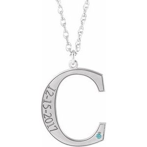 14K White Engravable Imitation Blue Zircon Initial C 18" Necklace