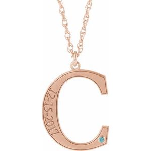 14K Rose Gold-Plated Sterling Silver Engravable Imitation Blue Zircon Initial C 18" Necklace