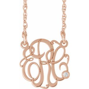 14K Rose 20 mm 3 Initials .02 CT Natural Diamond Script Monogram 18" Necklace