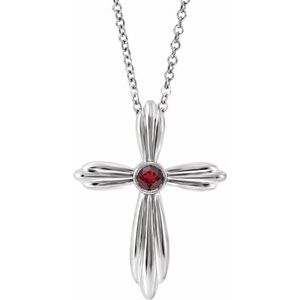 Platinum Natural Mozambique Garnet Cross 16-18" Necklace