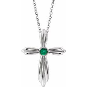 14K White Lab-Grown Emerald Cross 16-18" Necklace