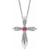 14K White Natural Pink Tourmaline Cross 16-18" Necklace