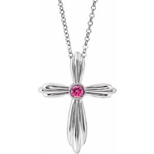 14K White Natural Pink Tourmaline Cross 16-18" Necklace