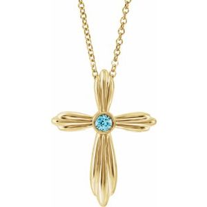 14K Yellow Natural Blue Zircon Cross 16-18" Necklace