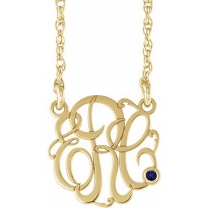 14K Yellow 30 mm 3-Initials Imitation Blue Sapphire Script Monogram 18" Necklace