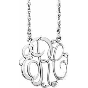 14K White 20 mm 3 Initials .02 CT Natural Diamond Script Monogram 18" Necklace