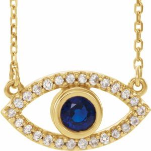 14K Yellow Natural Blue Sapphire & Natural White Sapphire Evil Eye 18" Necklace
