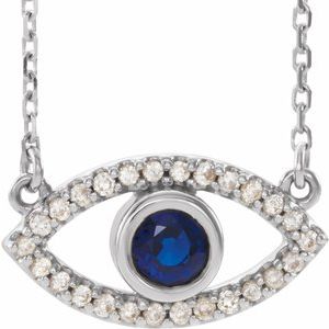 Sterling Silver Natural Blue Sapphire & Natural White Sapphire Evil Eye 18" Necklace