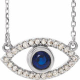 14K White Natural Blue Sapphire & Natural White Sapphire Evil Eye 18" Necklace