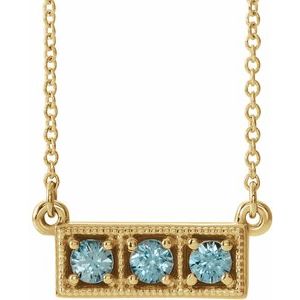 14K Yellow Natural Blue Zircon Three-Stone Bar 16-18" Necklace